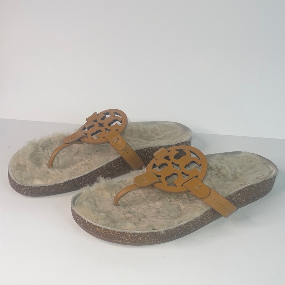 Tory Burch Miller Cloud Shearling Sandals Caramel Corn/ Buttermilk Size 7